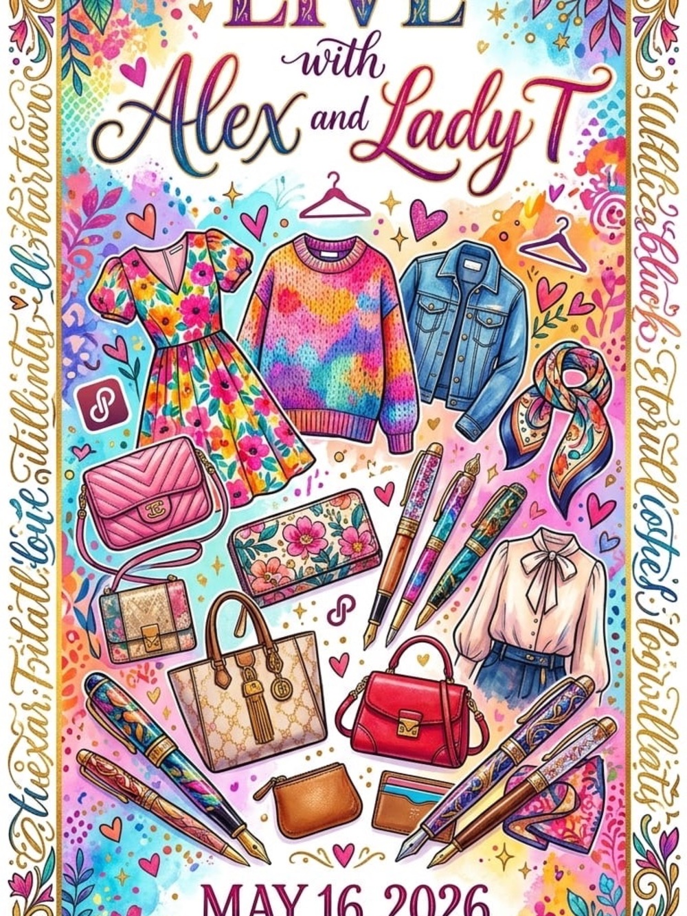 Colorful Floral Dress, Rainbow Knit Sweater & Denim Jacket Illustration